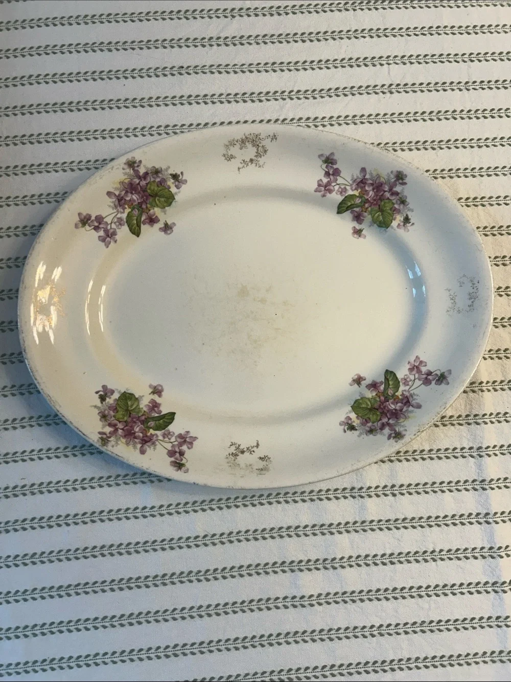 Antique Cook Pottery White Floral Oval Serving Platter with Purple Violets